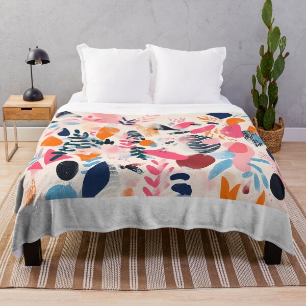 Item preview, Abstract design featuring bold shapes and vibrant colors, with overlapping patterns of leaves, circles, and splashes in pink, blue, and orange. designed and sold by Innercosmic.