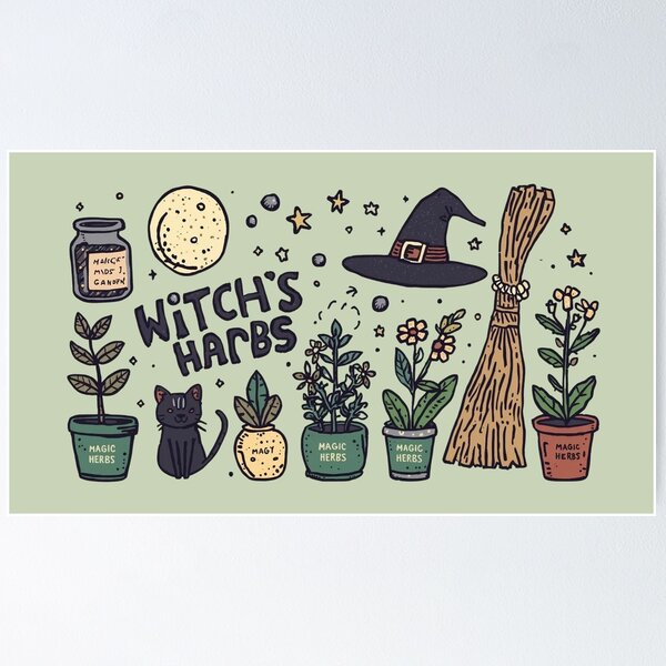 Item preview, Witch Garden Illustration, Magic Herbs and Cat, Cozy Botanical Witchcore Gift designed and sold by DesignsByTaina.