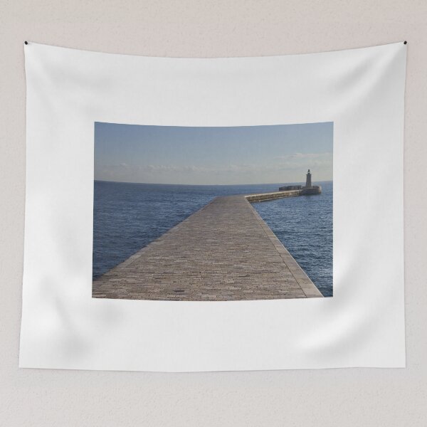 Item preview, Long Stone Pier Reaches Out Into Calm Sea Toward Lighthouse Under Clear Sky designed and sold by Nmallia.