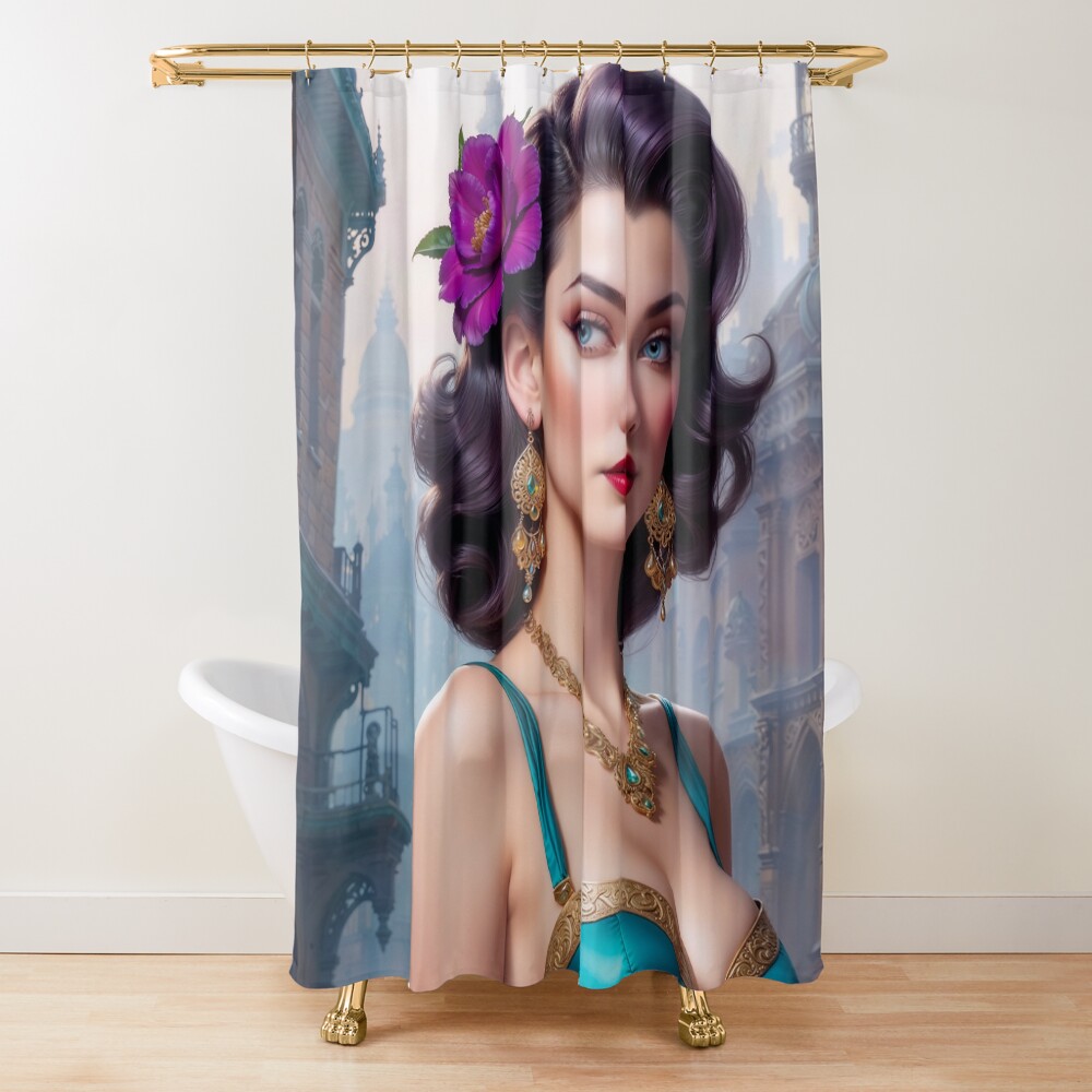 Portrait Of Theodora Rhodia, Lady Of House Aeridor AI Concept Art by Xzendor7 | Her Beauty Lives For Ever 2 Portrait Of Theodora Rhodia, Lady Of House Aeridor Mesmerizing AI Concept Art by Xzendor7 Decorative Art Print Shower Curtain