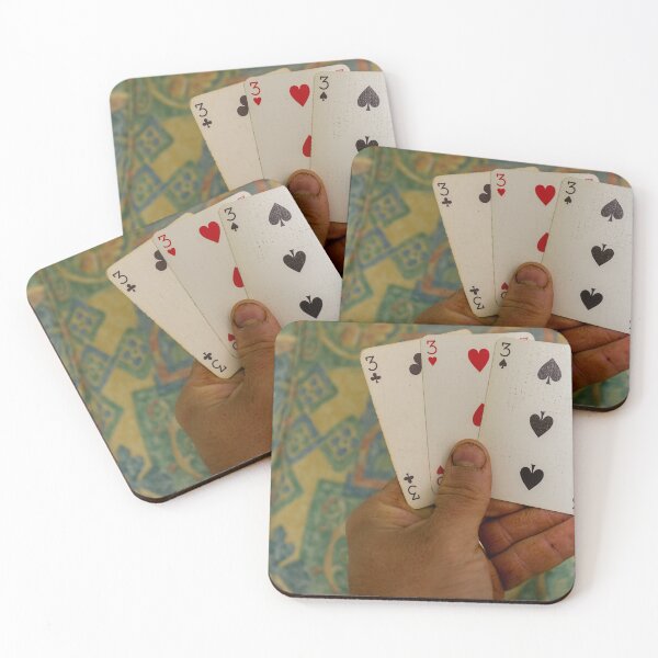 Item preview, Hand Holding Four Threes Playing Cards Across a Colorful Background Scene designed and sold by Nmallia.