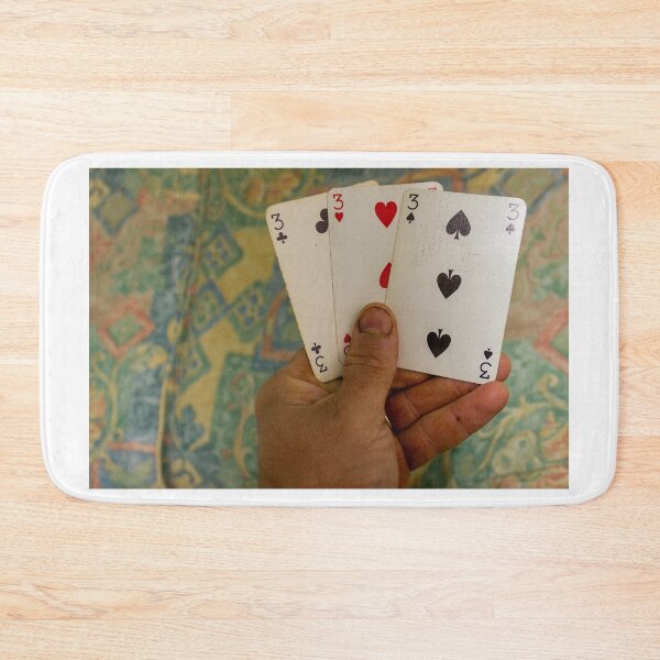 Item preview, Hand Holding Four Threes Playing Cards Across a Colorful Background Scene designed and sold by Nmallia.