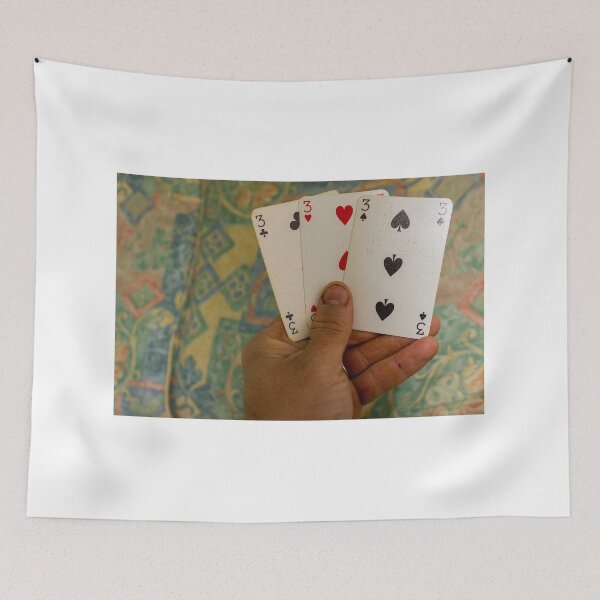 Item preview, Hand Holding Four Threes Playing Cards Across a Colorful Background Scene designed and sold by Nmallia.