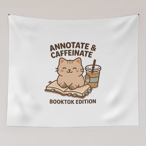 Item preview, Annotate & Caffeinate – Cute cat with book & iced coffee | Cozy BookTok reader gift designed and sold by Cat & Coffee Studio.
