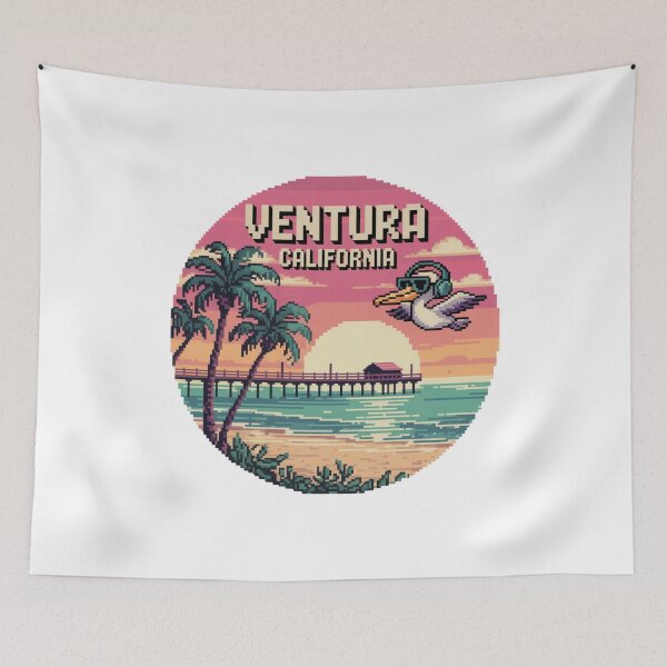 Item preview, Ventura California Pixel Sunset – Retro Coastal Beach Scene with Pelican and Pier designed and sold by CircinusStore.
