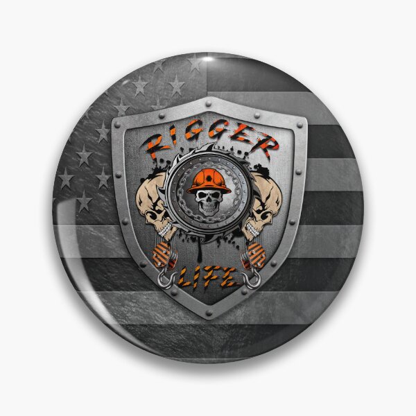 Item preview, Rigger Life Skull Badge– Orange Hard Hat Worker with Skulls and Chains designed and sold by artistwill.