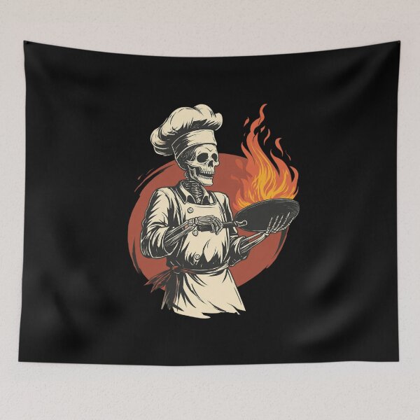 Item preview, Skeleton chef with burning pan – Gothic retro design designed and sold by Meiersbeste.