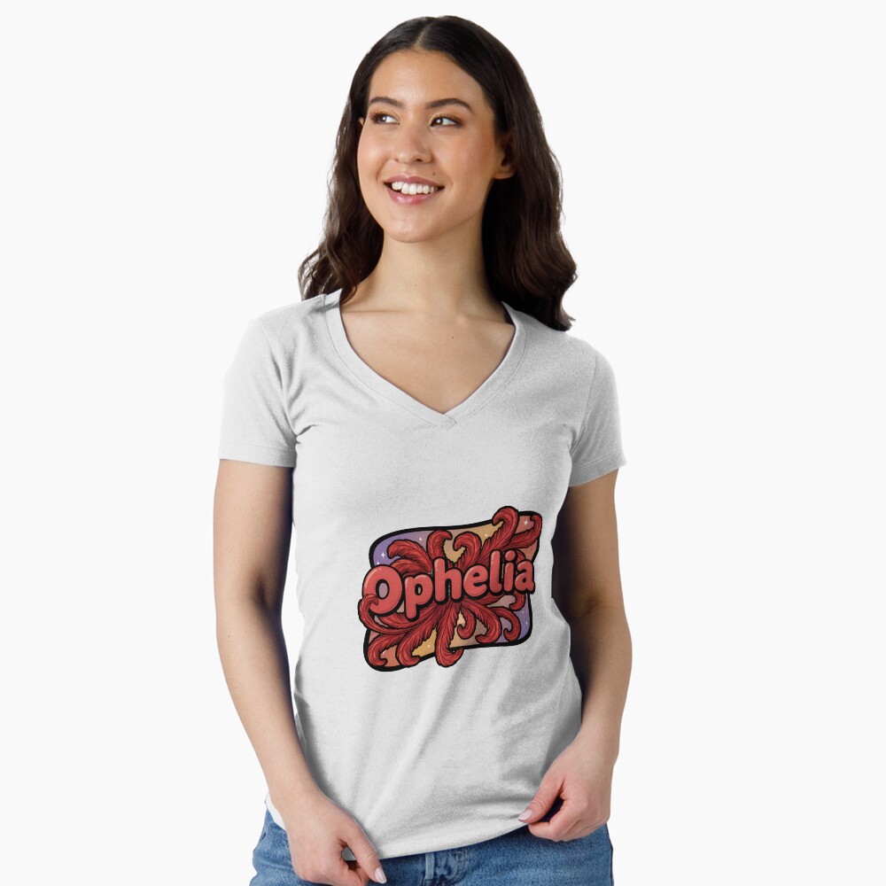 Fitted V-Neck T-Shirt Ophelia Showgirl Coral Red Flourish Lettering Fitted V-Neck T-Shirt