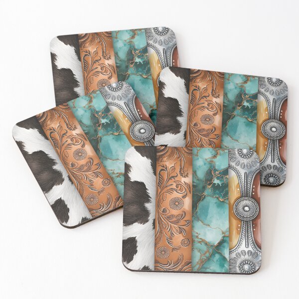 Item preview, Western Cowhide Turquoise Leather Pattern, Boho Rustic Concho Design, Southwestern Country Western Aesthetic Art designed and sold by CoastalEmp.
