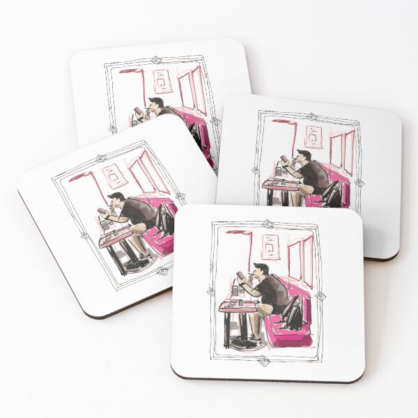 Item preview, Person in a cafe smoking reading phone pink designed and sold by Suburbansketcher.