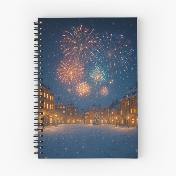 Item preview, Snowy city at midnight – Magical winter night with fireworks designed and sold by Malak Studio .
