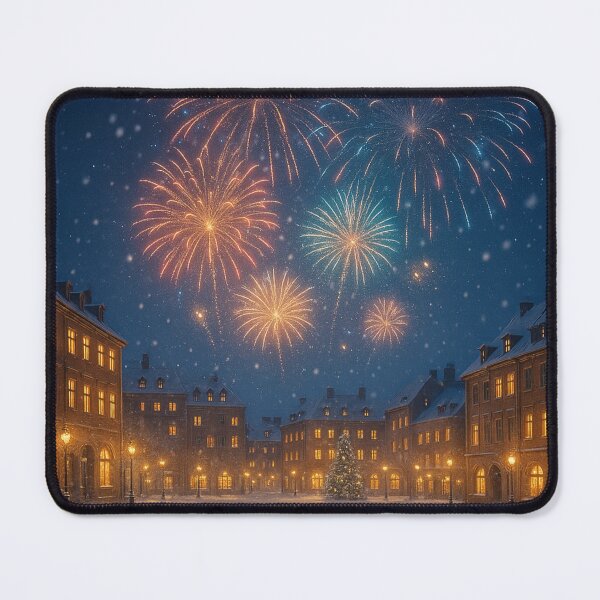 Item preview, Snowy city at midnight – Magical winter night with fireworks designed and sold by Malak Studio .