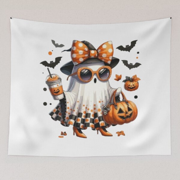 Item preview, autumn ghost with bats, coffee and pumpkins designed and sold by szydelkowanika.