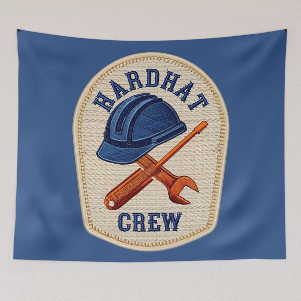 Item preview, Hardhat Crew Embroidered Patch - Blue Hardhat & Tools Badge Patch Style designed and sold by pixelated_echoes.