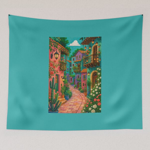 Item preview, Colorful Mediterranean Street – Vibrant Houses, Flowers, and Lanterns designed and sold by SuccessHunters.