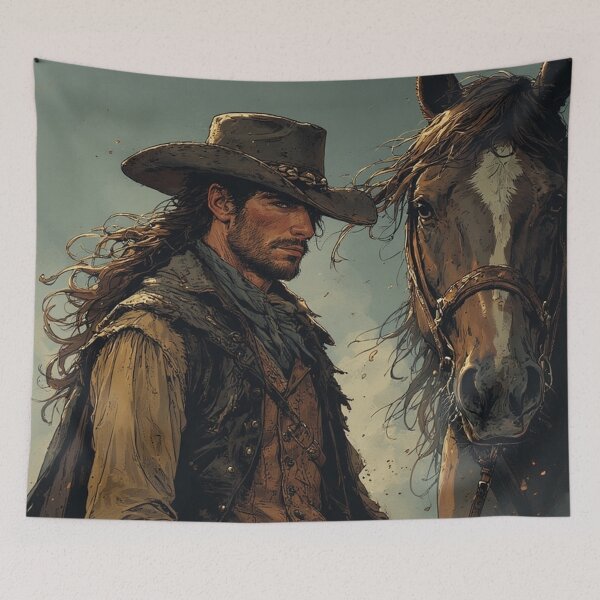 Item preview, Western Cowboy with Horse – Rugged Wild West Portrait Illustration by NegarTv Designs designed and sold by NegarTv Designs.