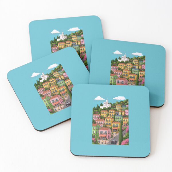 Item preview, Colorful Mediterranean Village – Vibrant Houses, Castle, and Cyclists designed and sold by SuccessHunters.