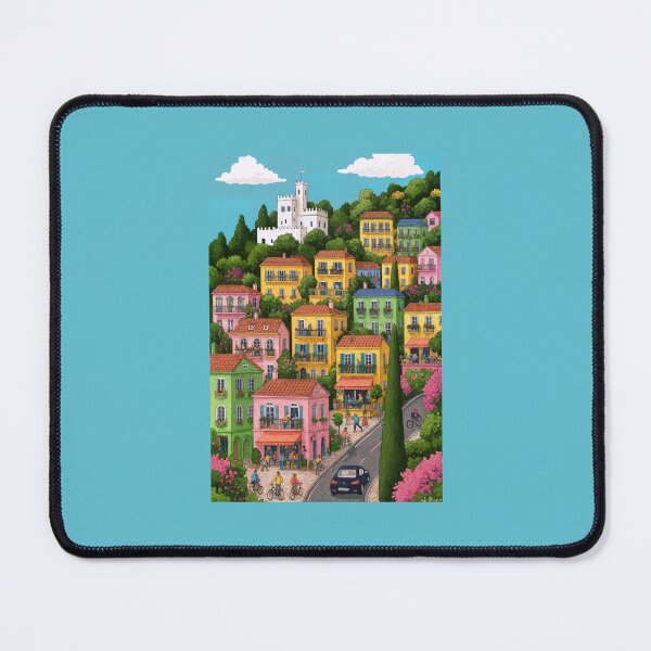 Item preview, Colorful Mediterranean Village – Vibrant Houses, Castle, and Cyclists designed and sold by SuccessHunters.