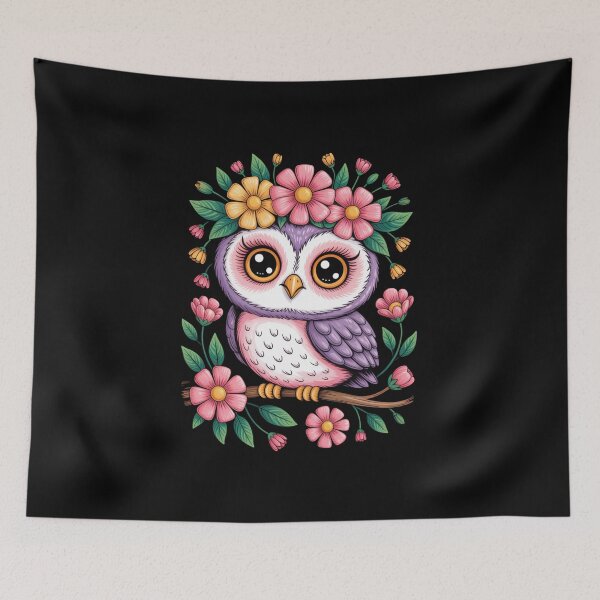 Artikelvorschau, Cute Owl with Flower Crown – Kawaii Floral Art entworfen und verkauft von WitchyWhisper.