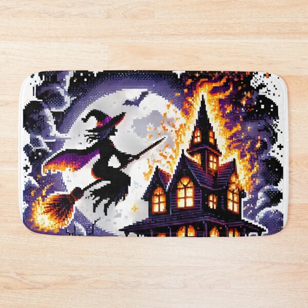 Item preview, Retro 16-Bit Witch Flying over Haunted House in Flames. designed and sold by The-T-In-Retro.