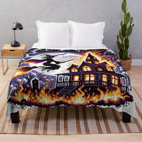 Item preview, Retro 16-Bit Witch Flying over Haunted House in Flames. designed and sold by The-T-In-Retro.