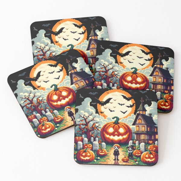 Item preview, Retro 16-Bit Halloween Graveyard with Giant Pumpkin and Bats. designed and sold by The-T-In-Retro.