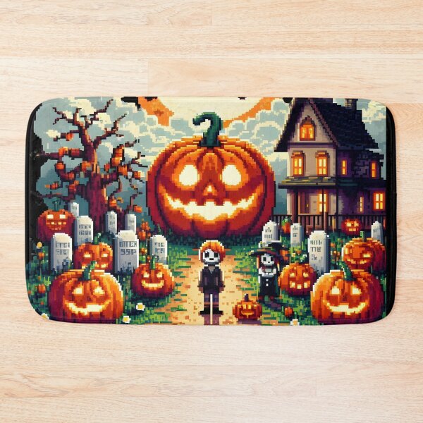 Item preview, Retro 16-Bit Halloween Graveyard with Giant Pumpkin and Bats. designed and sold by The-T-In-Retro.