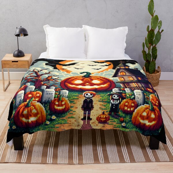 Item preview, Retro 16-Bit Halloween Graveyard with Giant Pumpkin and Bats. designed and sold by The-T-In-Retro.