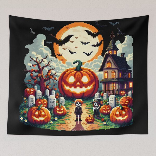 Item preview, Retro 16-Bit Halloween Graveyard with Giant Pumpkin and Bats. designed and sold by The-T-In-Retro.
