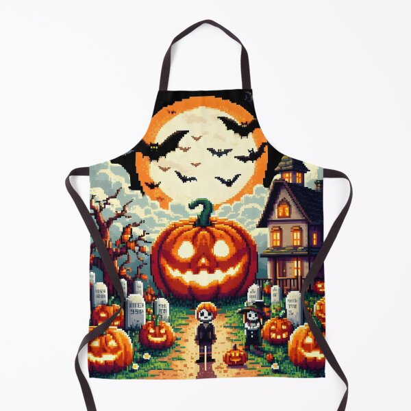 Item preview, Retro 16-Bit Halloween Graveyard with Giant Pumpkin and Bats. designed and sold by The-T-In-Retro.