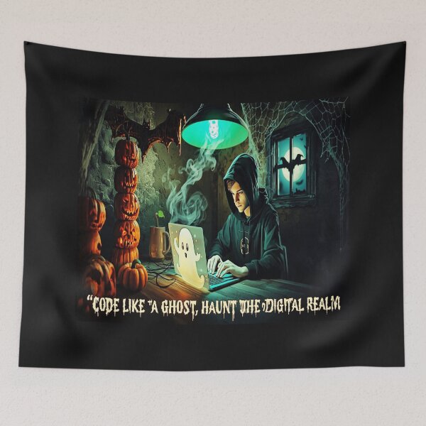 Item preview, Halloween Programmer Ghost – Spooky Coding Night with Pumpkins, Bats & Moonlight designed and sold by Soft Strength Studio.