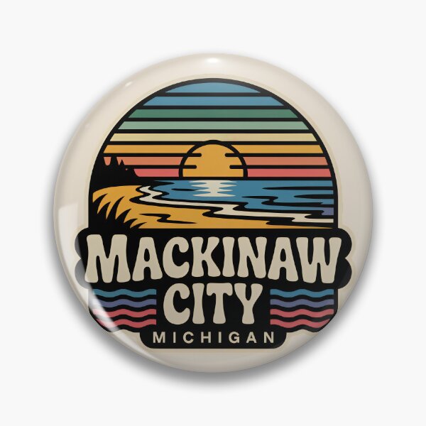Item preview, Mackinaw City Michigan Retro Sunset Beach Emblem designed and sold by TheOldMittenIllustrated.
