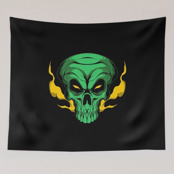 Item preview, Green skull with yellow fire on Halloween designed and sold by Joncasmiart.