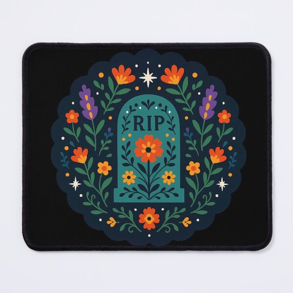 Artikelvorschau, Grabstein „Ruhe in Frieden“ – Erinnerung mit blaugrünen und orangefarbenen Blumen – Gruselige skandinavische Volkskunst von heidiannemorris © entworfen und verkauft von FOLK ART FUSION by heidiannemorris.