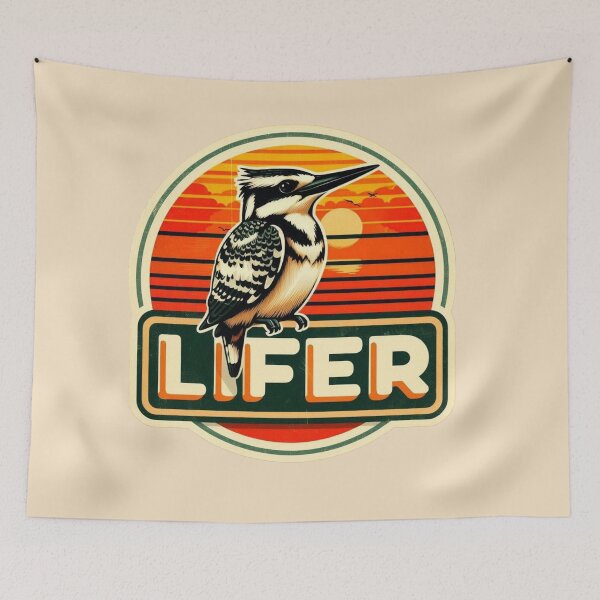 Item preview, Pied Kingfisher LIFER – Retro Birdwatching Sticker designed and sold by The Digital Compass.