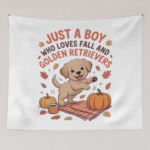 Item preview, Just a Boy Who Loves Fall and Golden Retrievers Kids Man designed and sold by CraftyCuttable.