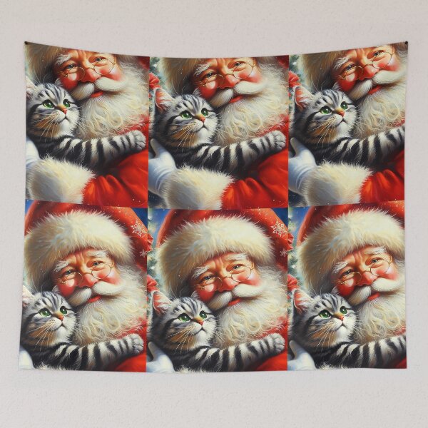 Item preview, Grey tabby cat embrace with Santa Claus 2:3 card version layout designed and sold by EmeraldeaDesign.