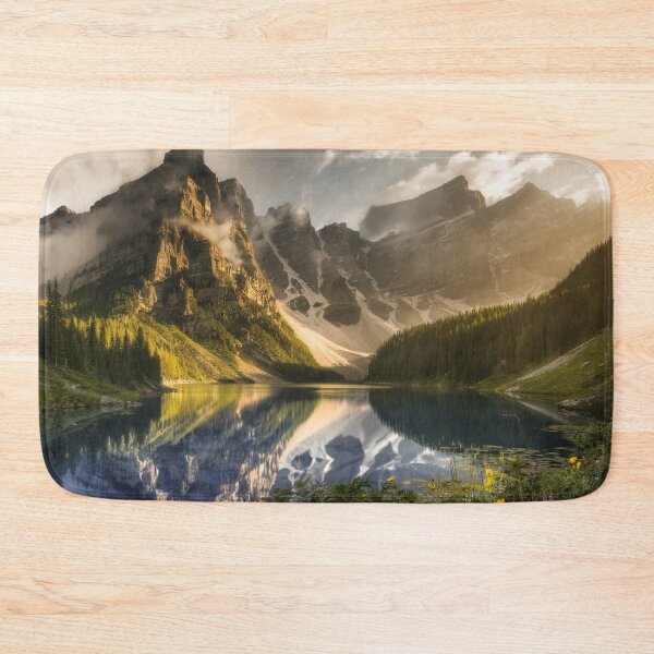 Item preview, Golden Hour Mountain Lake Wall Art – Sunrise Reflection Alpine Canvas Print designed and sold by jazzyfunky.