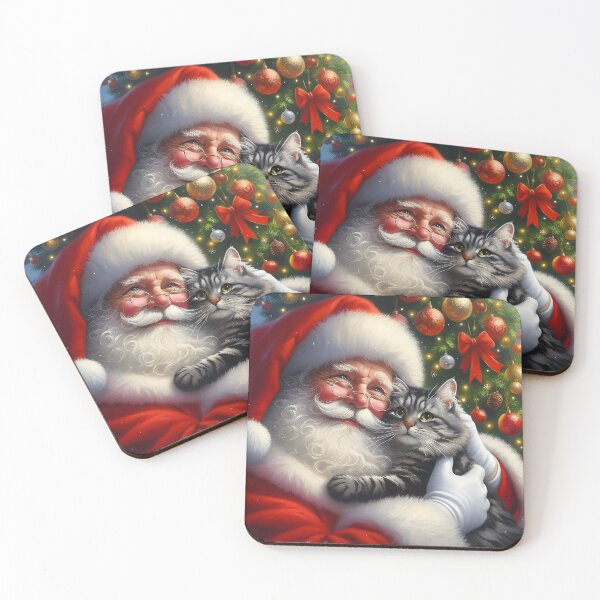 Item preview, Majestic Grey Tabby Cat Embracing Santa Claus – Christmas Portrait designed and sold by EmeraldeaDesign.