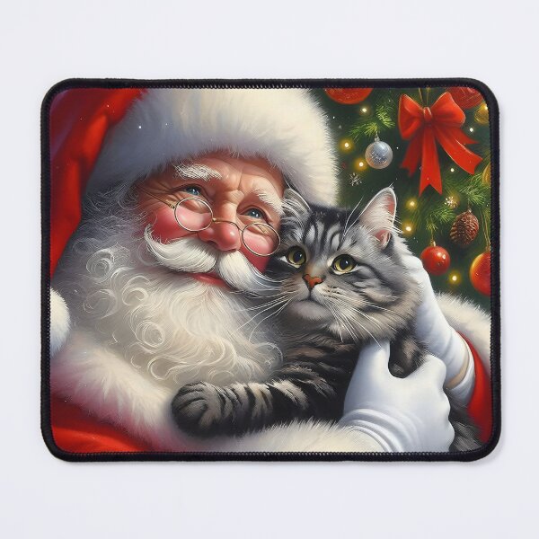 Item preview, Majestic Grey Tabby Cat Embracing Santa Claus – Christmas Portrait designed and sold by EmeraldeaDesign.