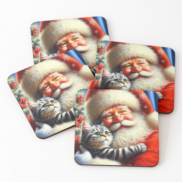Item preview, Grey tabby cat embrace with Santa Claus designed and sold by EmeraldeaDesign.