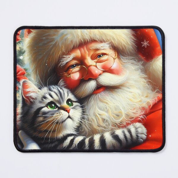 Item preview, Grey tabby cat embrace with Santa Claus designed and sold by EmeraldeaDesign.