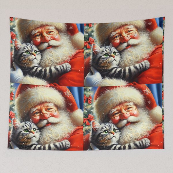 Item preview, Grey tabby cat embrace with Santa Claus designed and sold by EmeraldeaDesign.