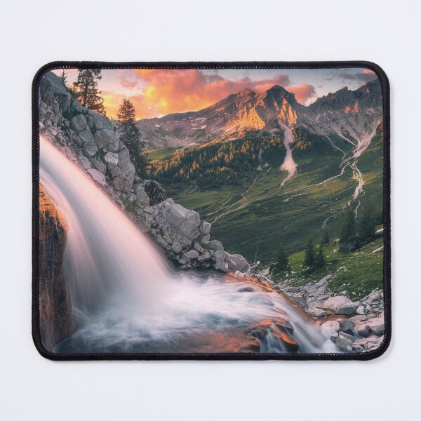 Item preview, Mountain Waterfall Sunset Wall Art – Dramatic Alpine Golden Hour Canvas designed and sold by jazzyfunky.