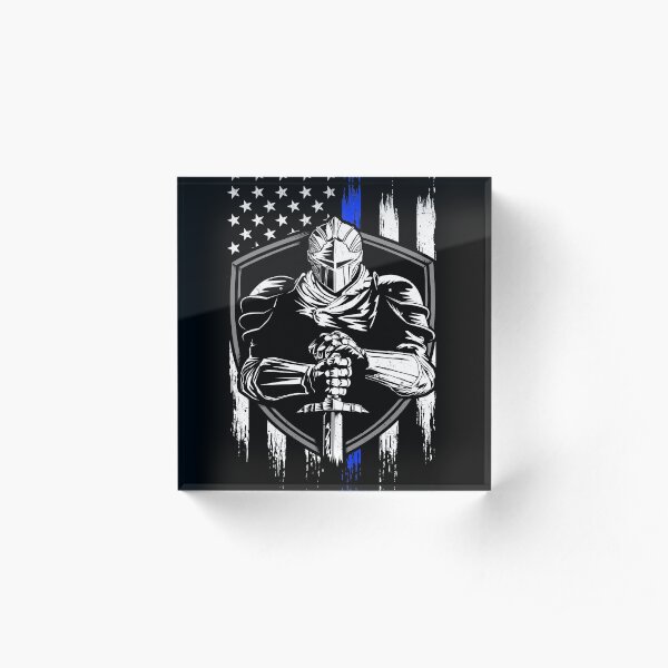 Knight Warrior American Flag Blue line Acrylic Block