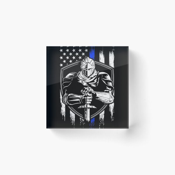 Knight Warrior American Flag Blue line Acrylic Block