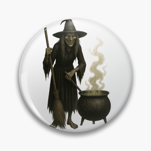 Item preview, Creepy Witch with Cauldron, Broom and Evil Smile | Horror Halloween Art designed and sold by SablePL.