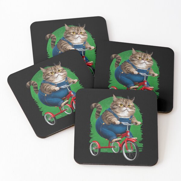 Item preview, Fiddle the Cat Riding a Red Trike – Silly Cat in Jean Overalls | Sofagirl Collection designed and sold by SOFAGIRL COLLECTIONS.