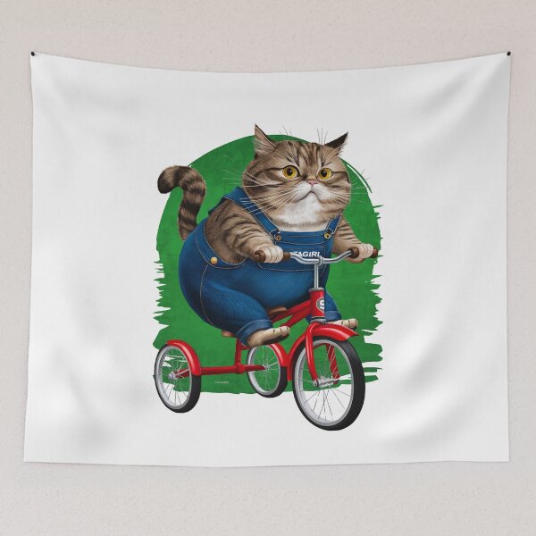 Item preview, Fiddle the Cat Riding a Red Trike – Silly Cat in Jean Overalls | Sofagirl Collection designed and sold by SOFAGIRL COLLECTIONS.