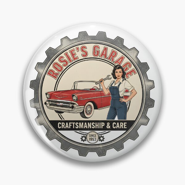 Item preview, Rosie's Garage - Craftsmanship & Care Since 1953 - Vintage Pin-Up Car Emblem designed and sold by RedDelaney.